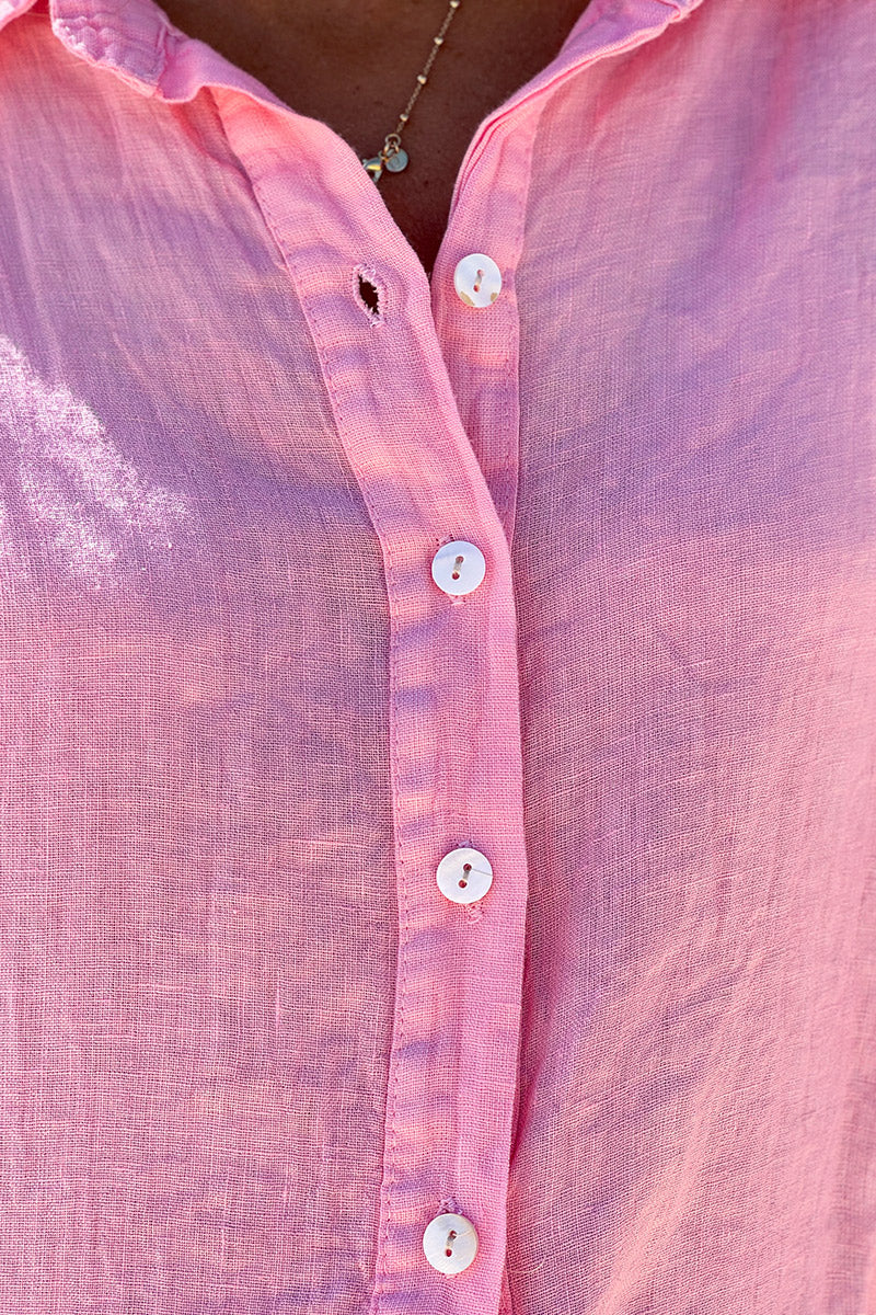 Camisa Lino Rosa Botones Nácar