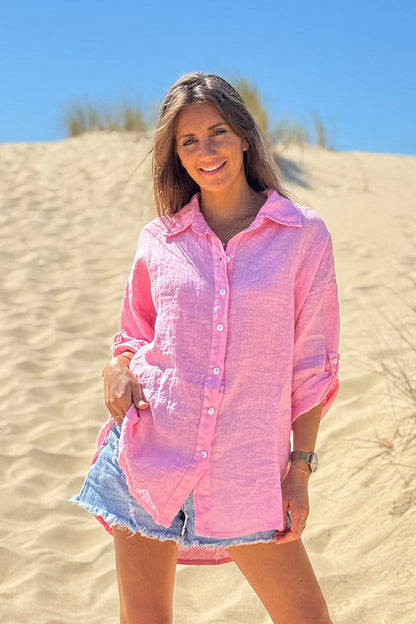 Camisa Lino Rosa Botones Nácar