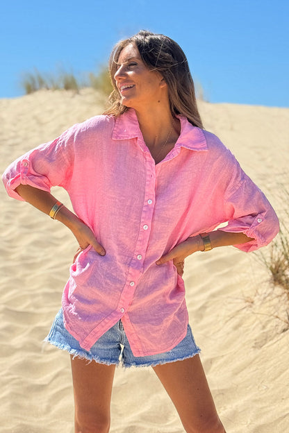 Camisa Lino Rosa Botones Nácar