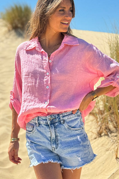 Camisa Lino Rosa Botones Nácar