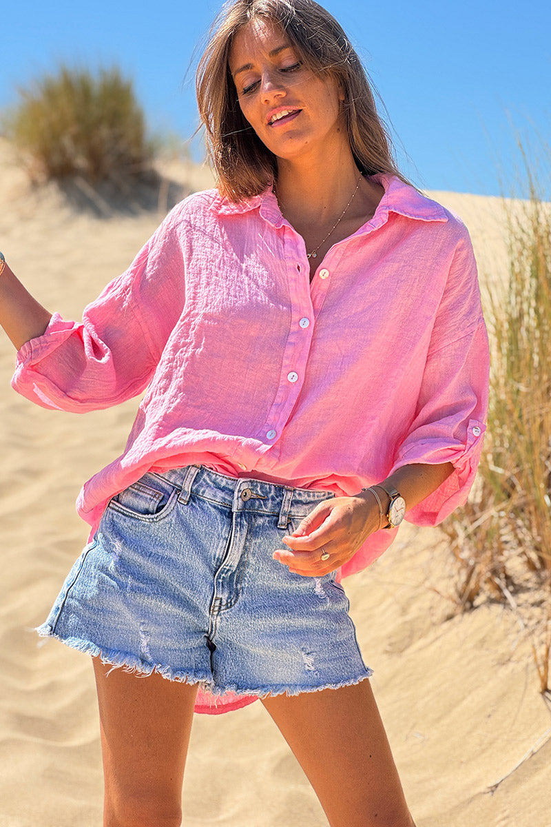 Camisa Lino Rosa Botones Nácar