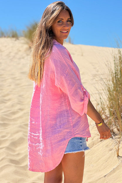 Camisa Lino Rosa Botones Nácar