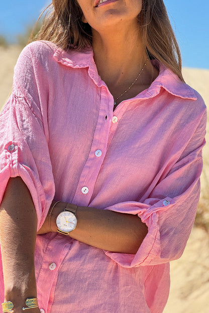 Camisa Lino Rosa Botones Nácar