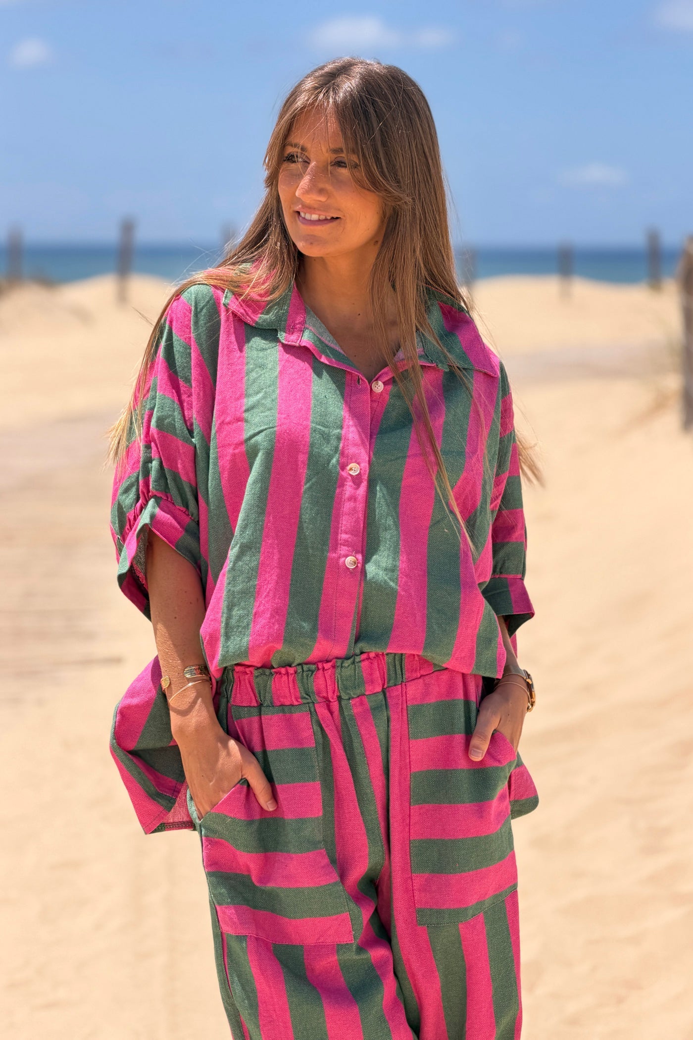 Camisa Muy Amplia Algodón Texturado Rayas Verdes y Fucsia