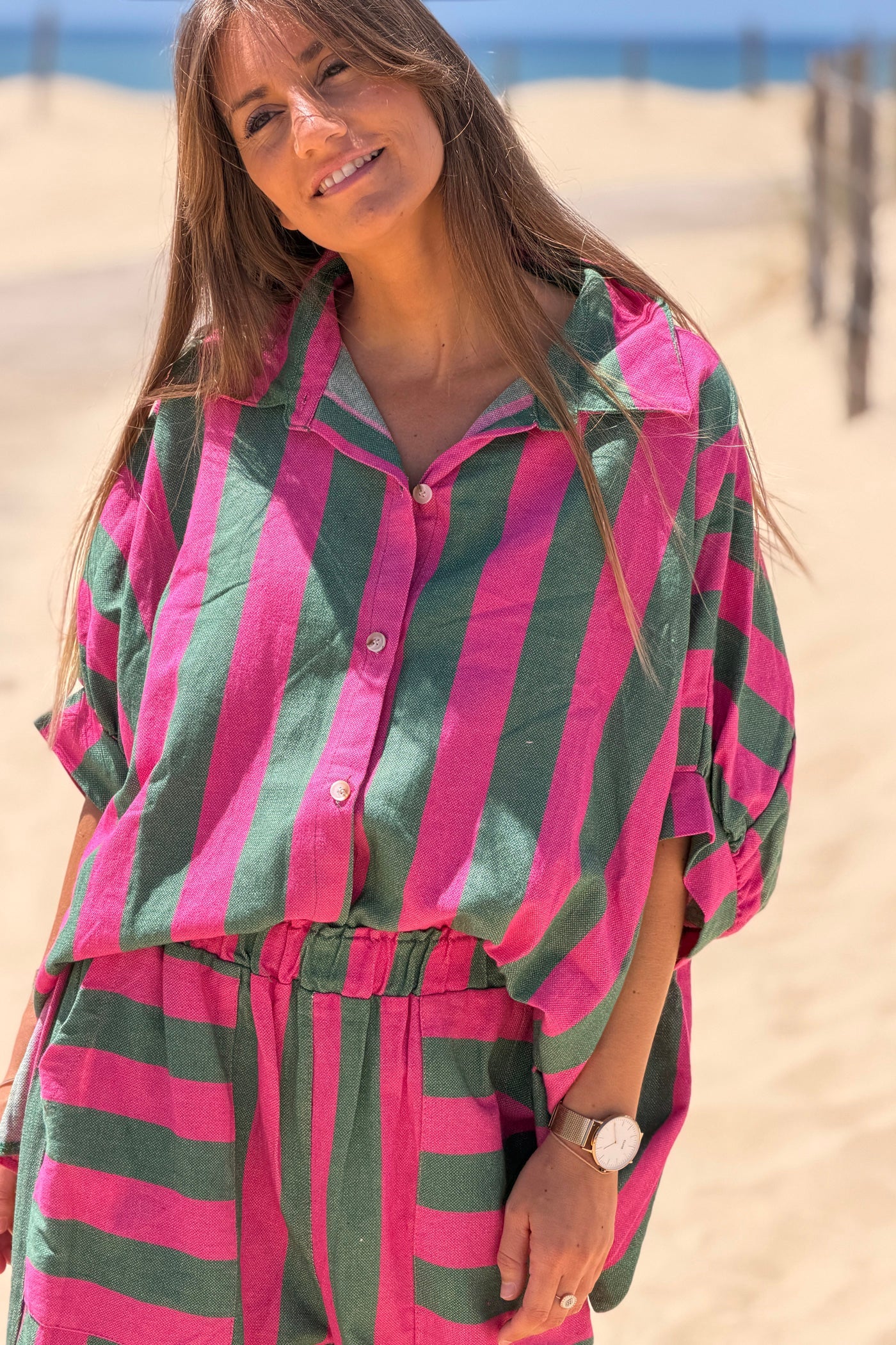 Camisa Muy Amplia Algodón Texturado Rayas Verdes y Fucsia