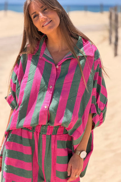 Camisa Muy Amplia Algodón Texturado Rayas Verdes y Fucsia