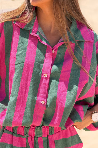 Camisa Muy Amplia Algodón Texturado Rayas Verdes y Fucsia