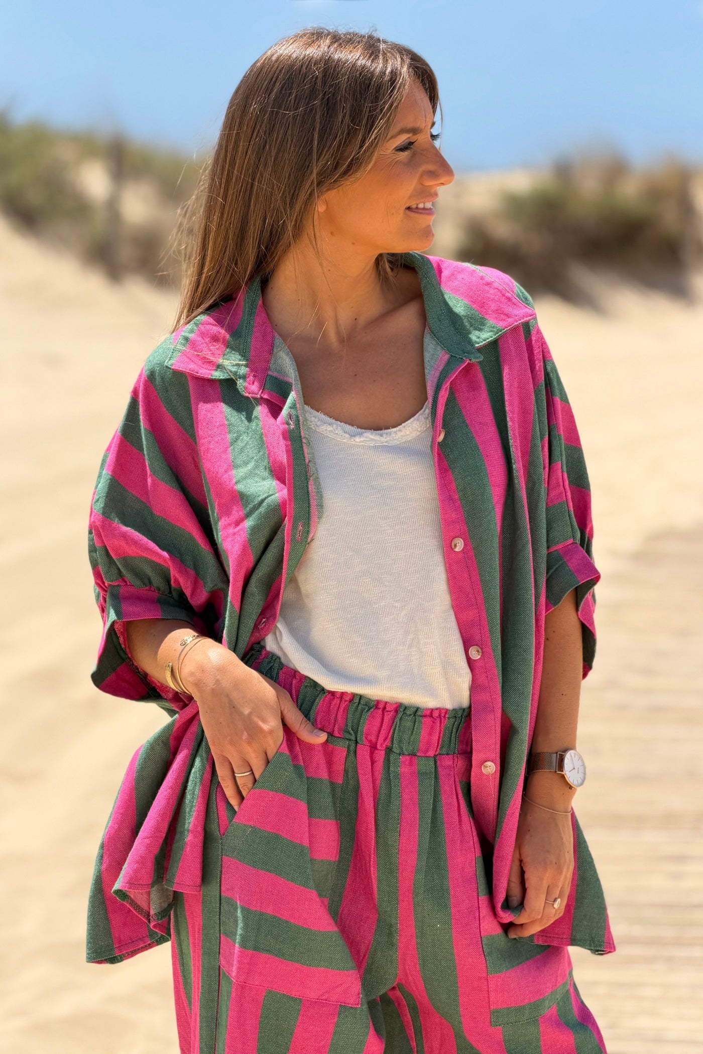 Camisa Muy Amplia Algodón Texturado Rayas Verdes y Fucsia
