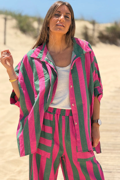 Camisa Muy Amplia Algodón Texturado Rayas Verdes y Fucsia