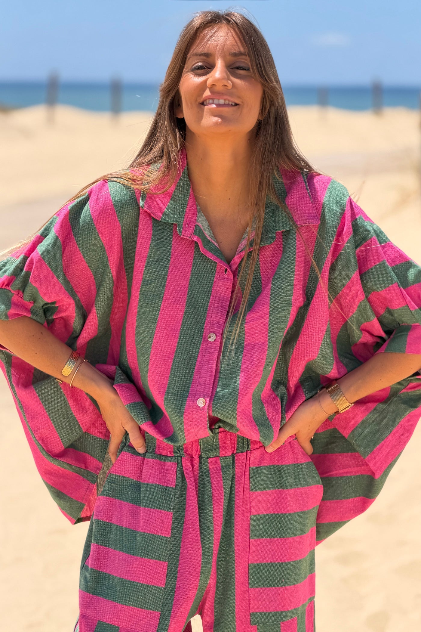 Camisa Muy Amplia Algodón Texturado Rayas Verdes y Fucsia
