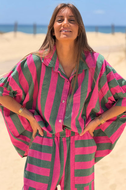 Camisa Muy Amplia Algodón Texturado Rayas Verdes y Fucsia