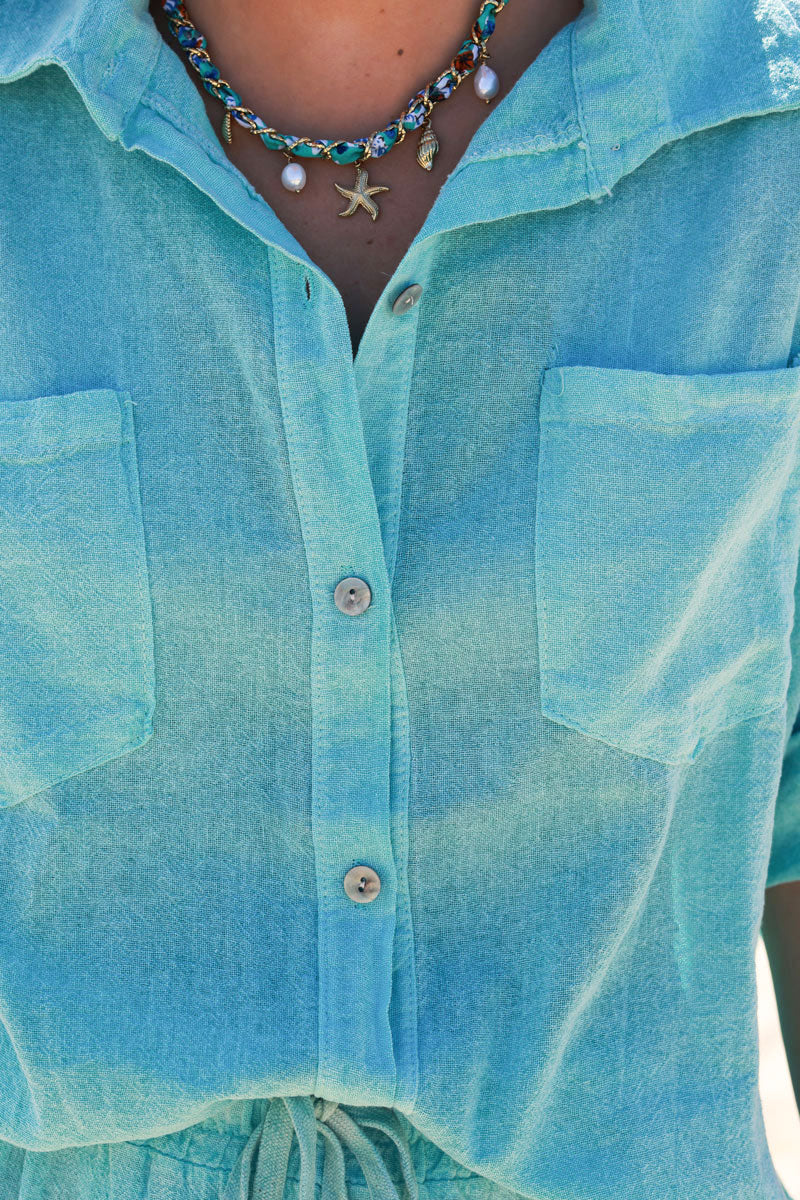Camisa Turquesa Lavada Algodón Mangas 3/4 Bolsillos