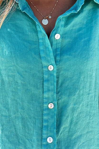 Camisa Lino Turquesa Botones Nácar