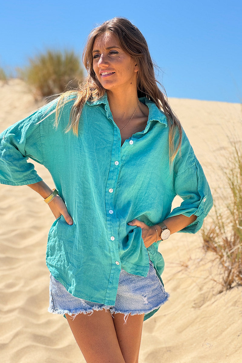 Camisa Lino Turquesa Botones Nácar