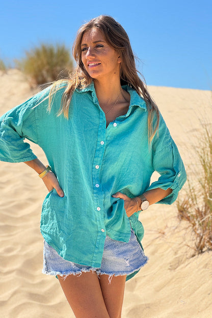 Camisa Lino Turquesa Botones Nácar