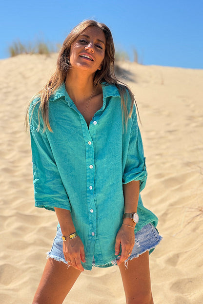 Camisa Lino Turquesa Botones Nácar