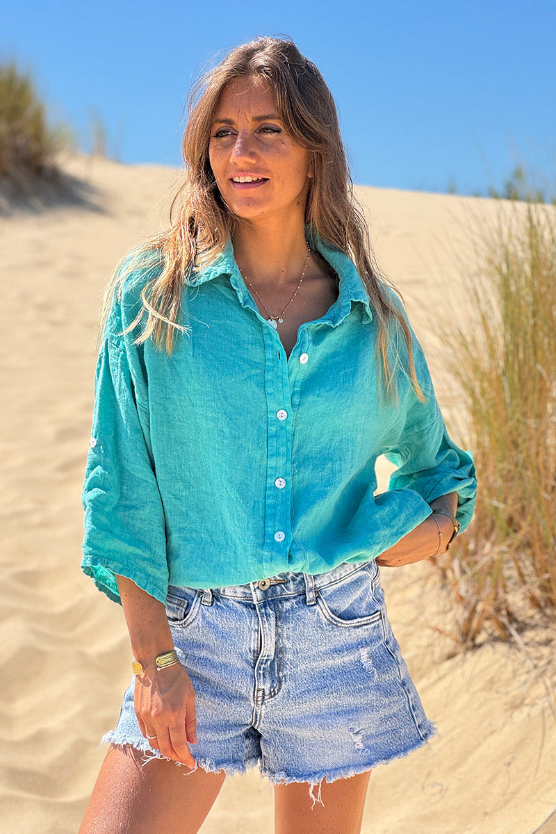 Camisa Lino Turquesa Botones Nácar