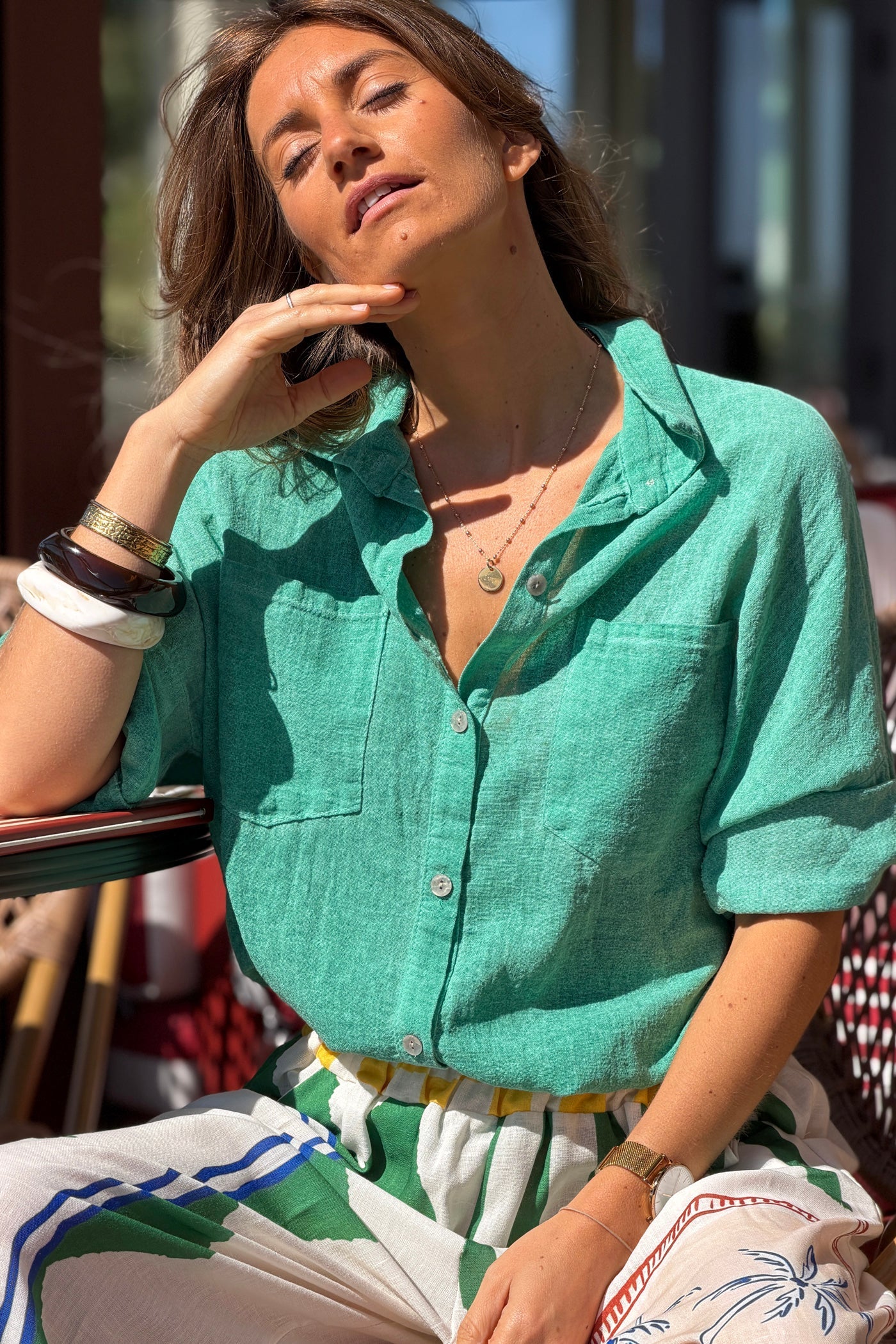 Camisa Verde Lavada Algodón Mangas 3/4