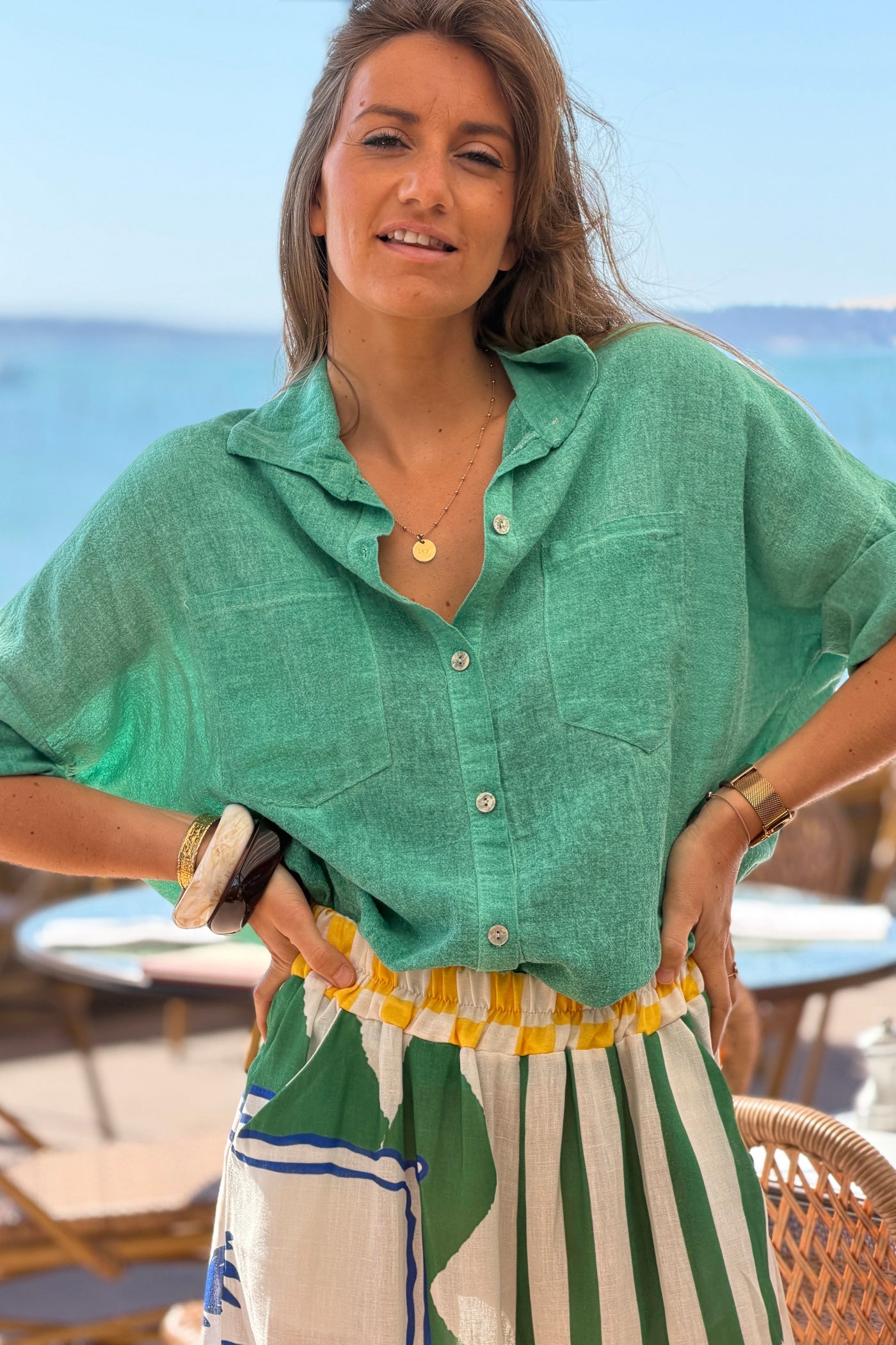 Camisa Verde Lavada Algodón Mangas 3/4