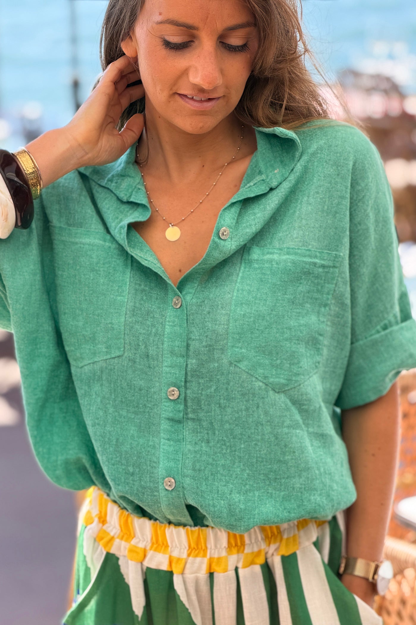 Camisa Verde Lavada Algodón Mangas 3/4