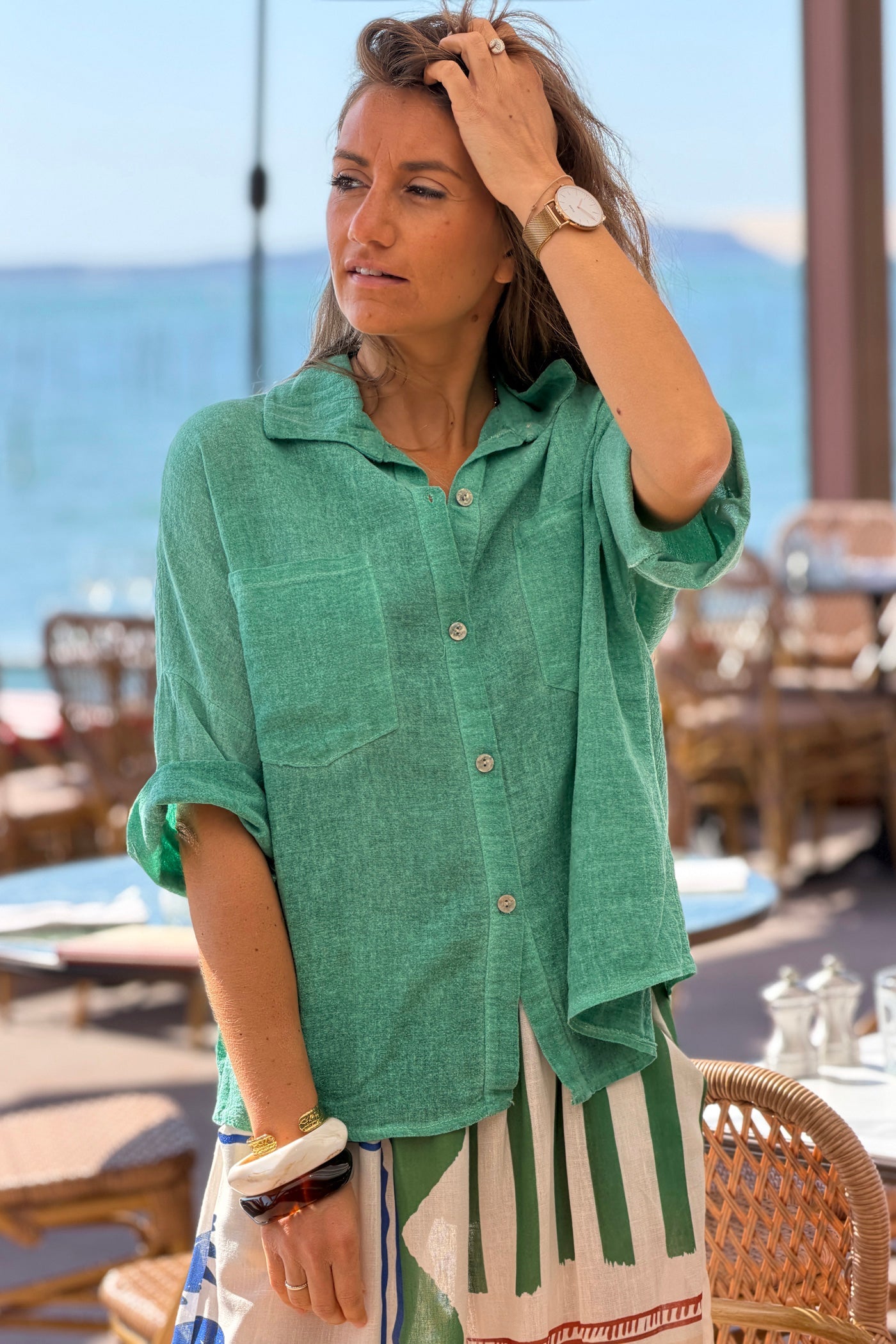 Camisa Verde Lavada Algodón Mangas 3/4