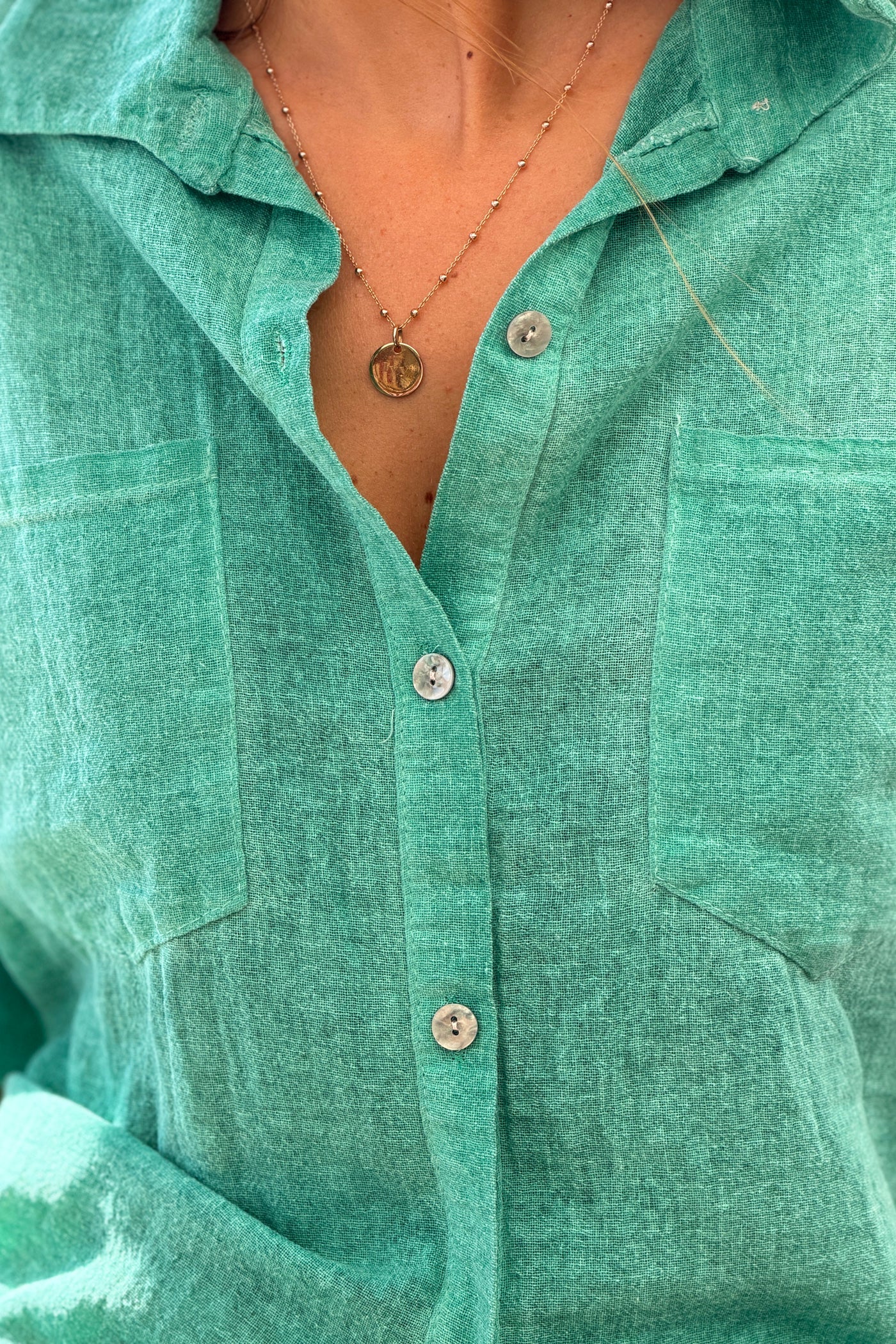 Camisa Verde Lavada Algodón Mangas 3/4