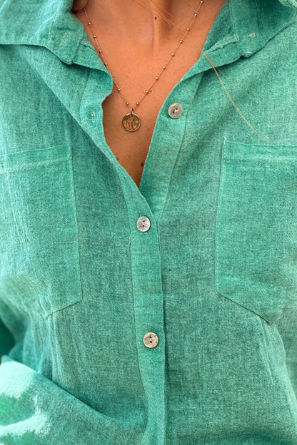 Camisa Verde Lavada Algodón Mangas 3/4