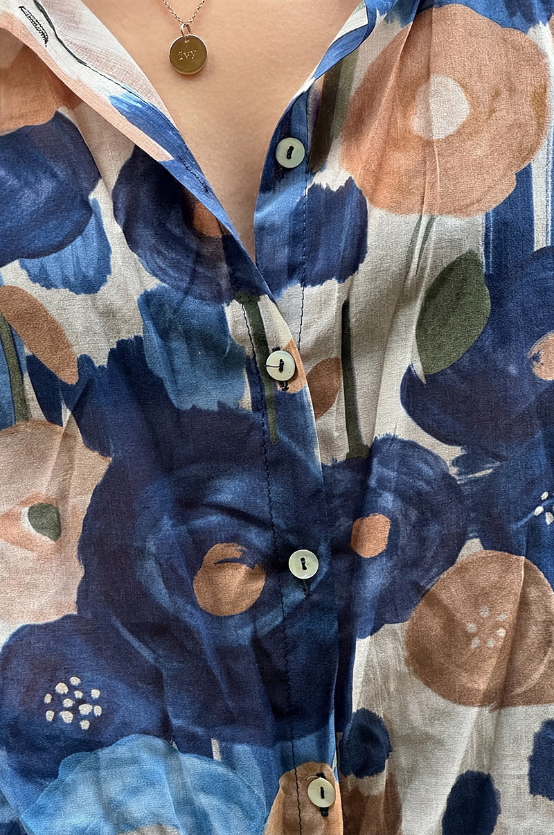 Camisa Voile Algodón Flores Acuarela Tonos Azules