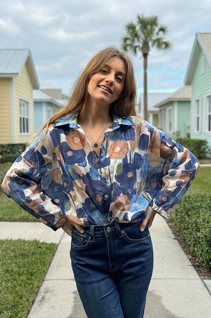 Camisa Voile Algodón Flores Acuarela Tonos Azules