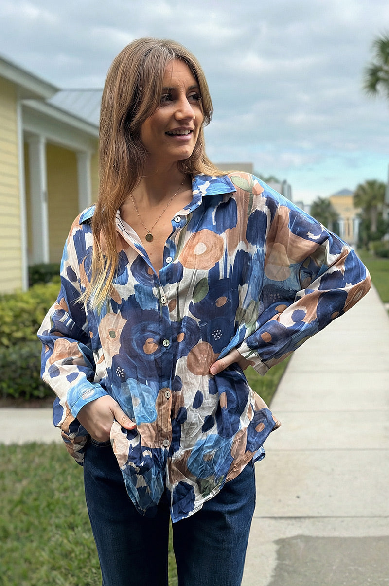 Camisa Voile Algodón Flores Acuarela Tonos Azules