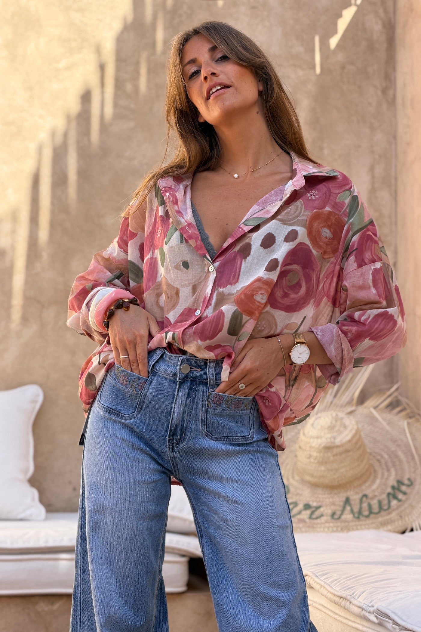 Camisa Voile Algodón Flores Acuarela Tonos Rosas