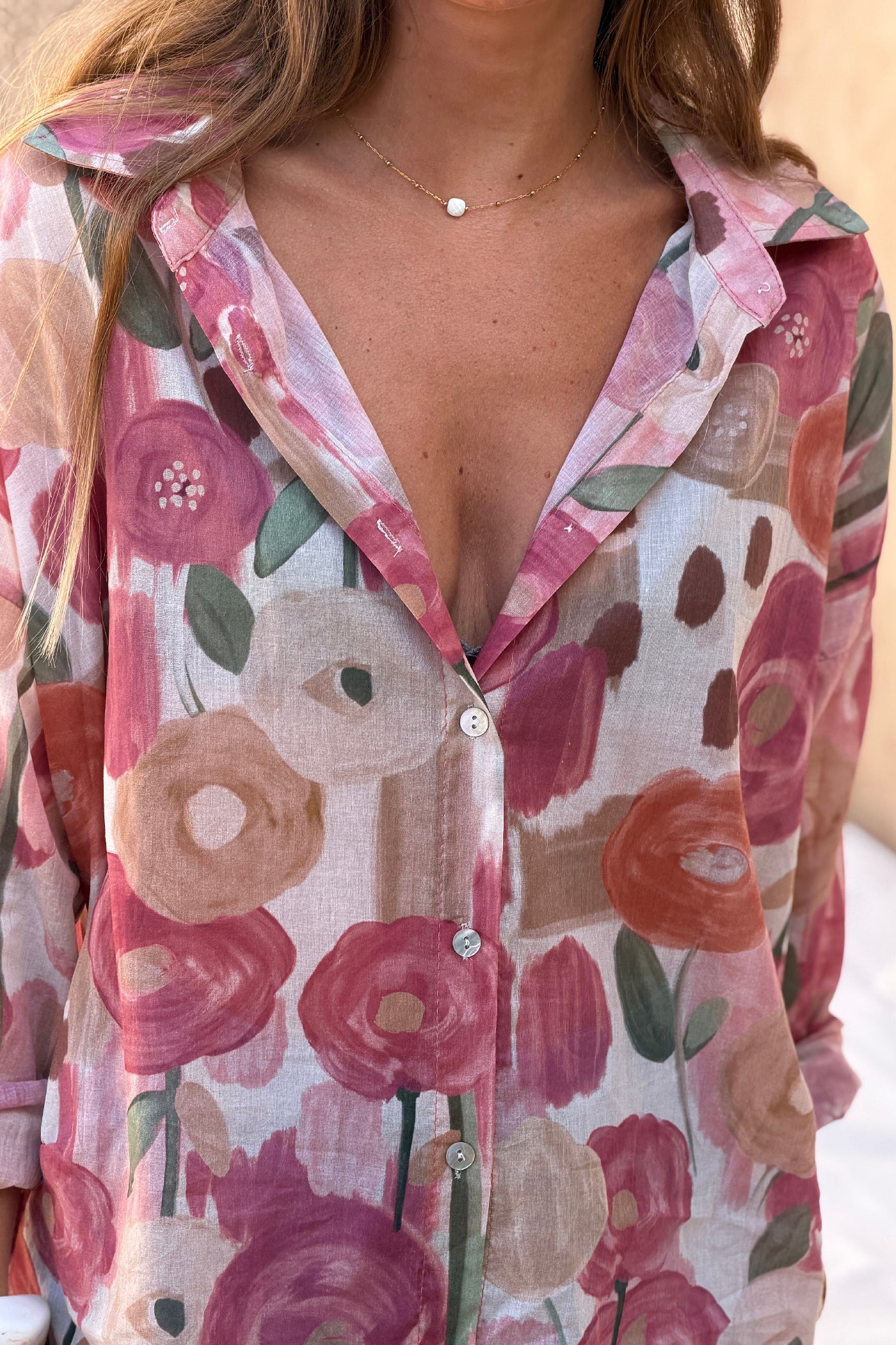 Camisa Voile Algodón Flores Acuarela Tonos Rosas