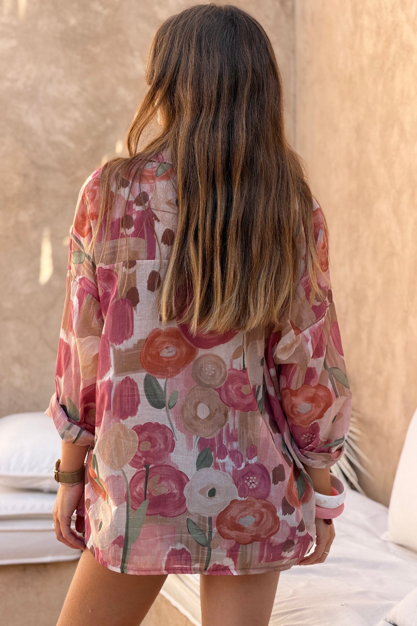 Camisa Voile Algodón Flores Acuarela Tonos Rosas