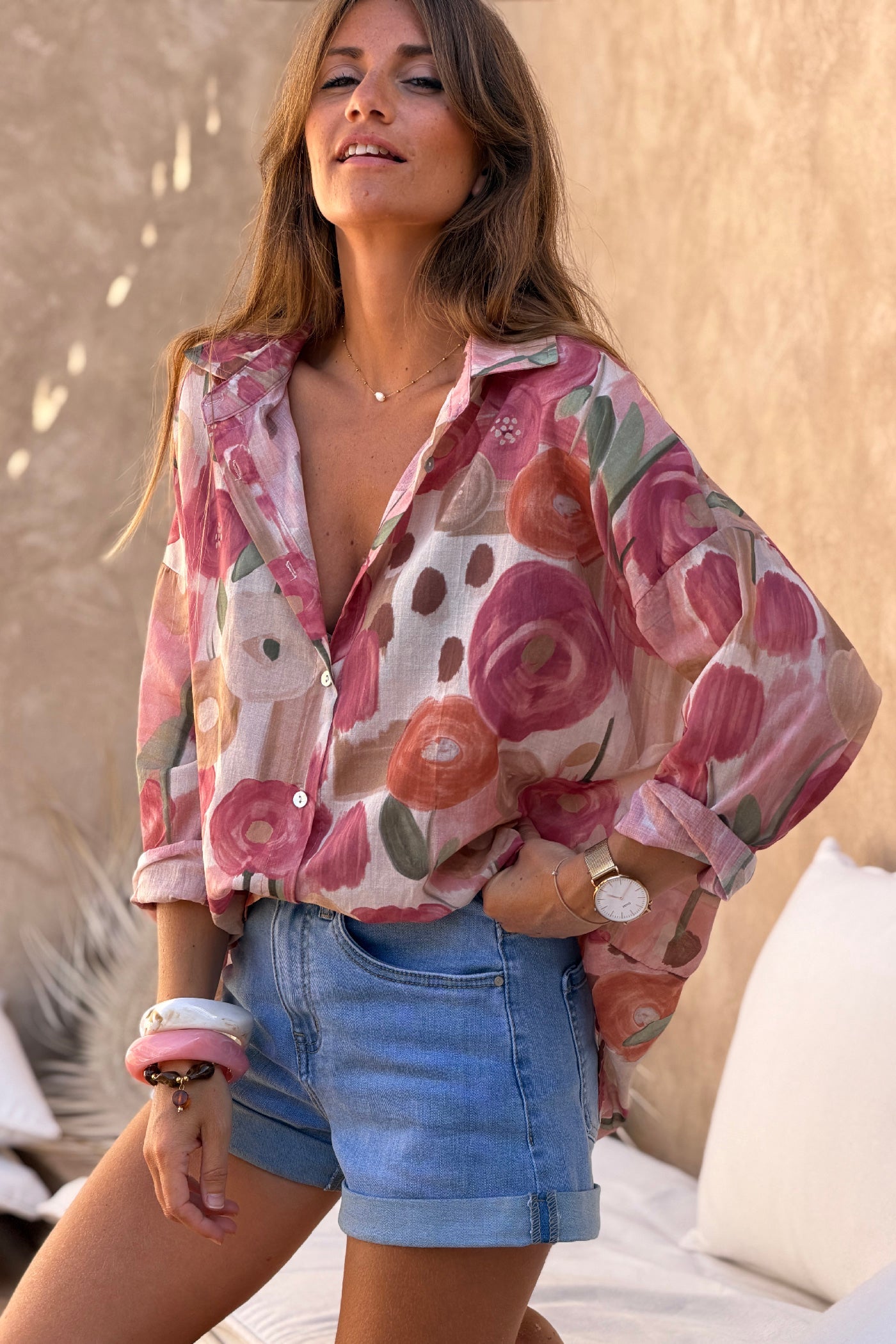 Camisa Voile Algodón Flores Acuarela Tonos Rosas