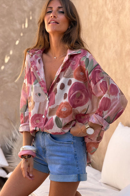 Camisa Voile Algodón Flores Acuarela Tonos Rosas