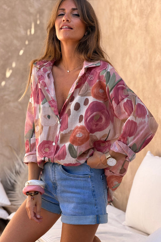 Camisa Voile Algodón Flores Acuarela Tonos Rosas