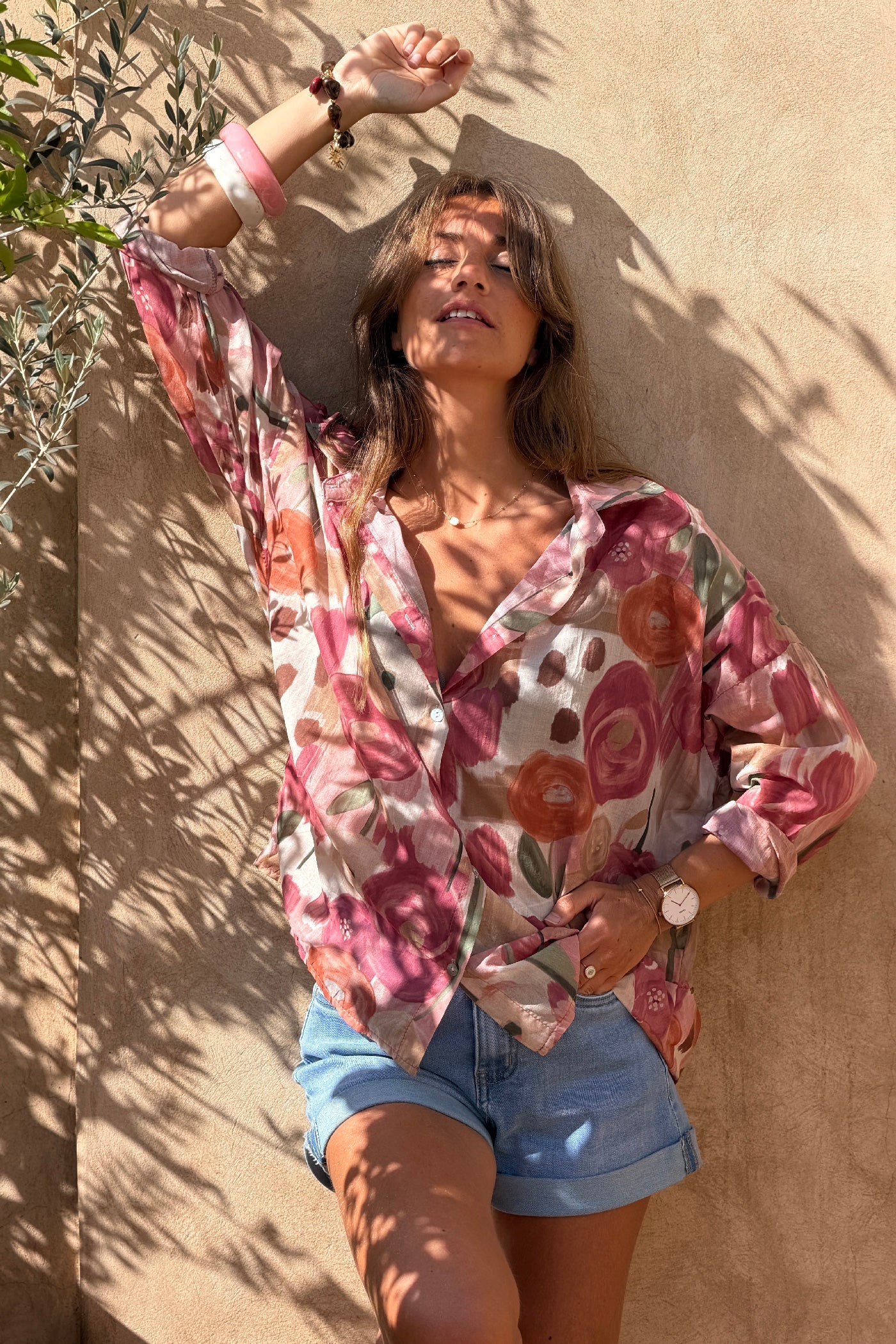 Camisa Voile Algodón Flores Acuarela Tonos Rosas