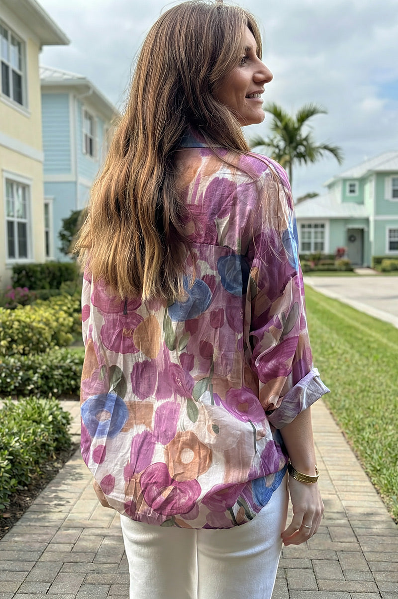 Camisa Voile Algodón Flores Acuarela Tonos Violetas