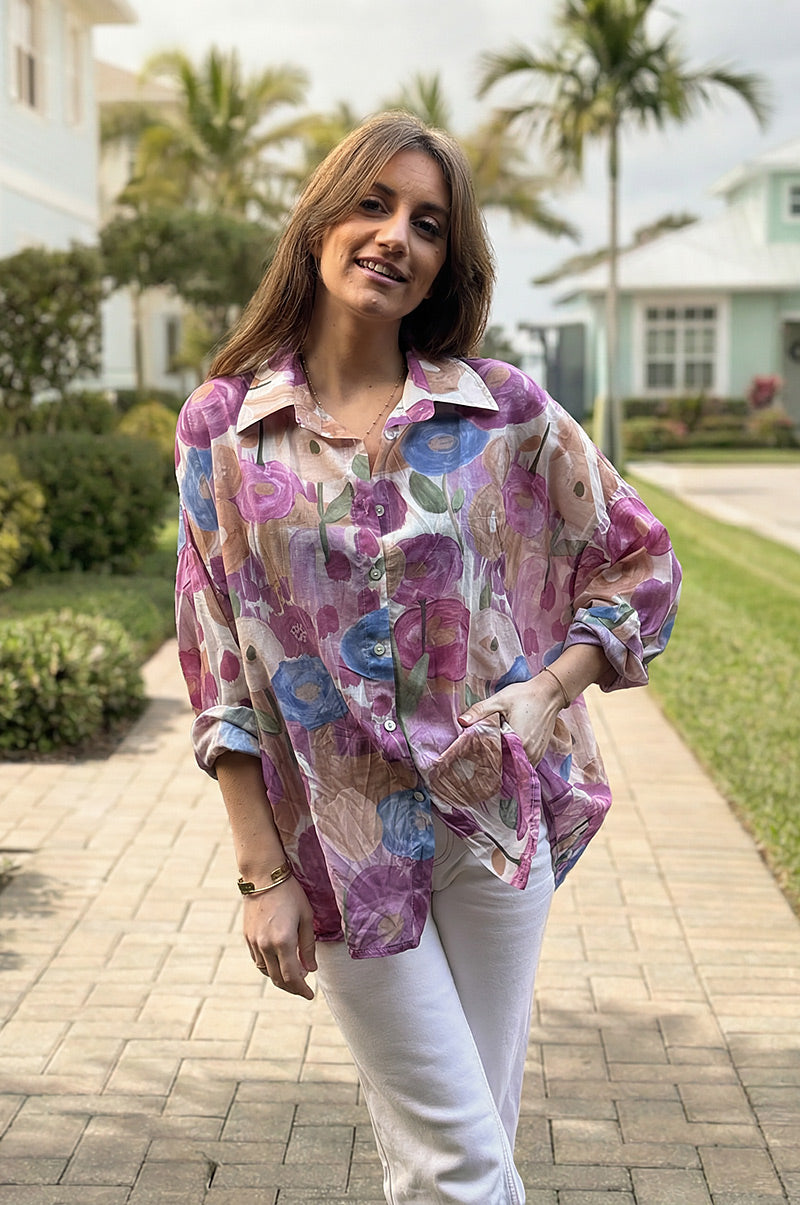 Camisa Voile Algodón Flores Acuarela Tonos Violetas