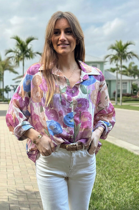 Camisa Voile Algodón Flores Acuarela Tonos Violetas