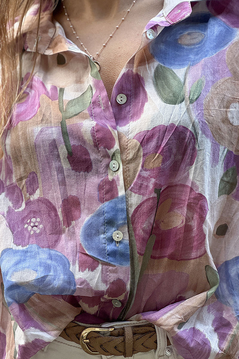 Camisa Voile Algodón Flores Acuarela Tonos Violetas