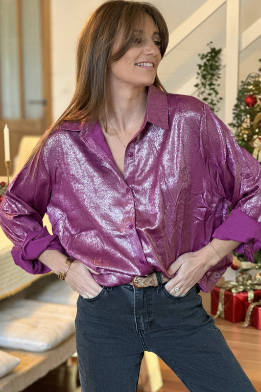 Camisa Berenjena Brillante Dorada Efecto Aceite Tallas Grandes
