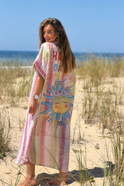 Vestido Camisa Botones Motivo Sol Happy Days Rayas Rosa Texturadas