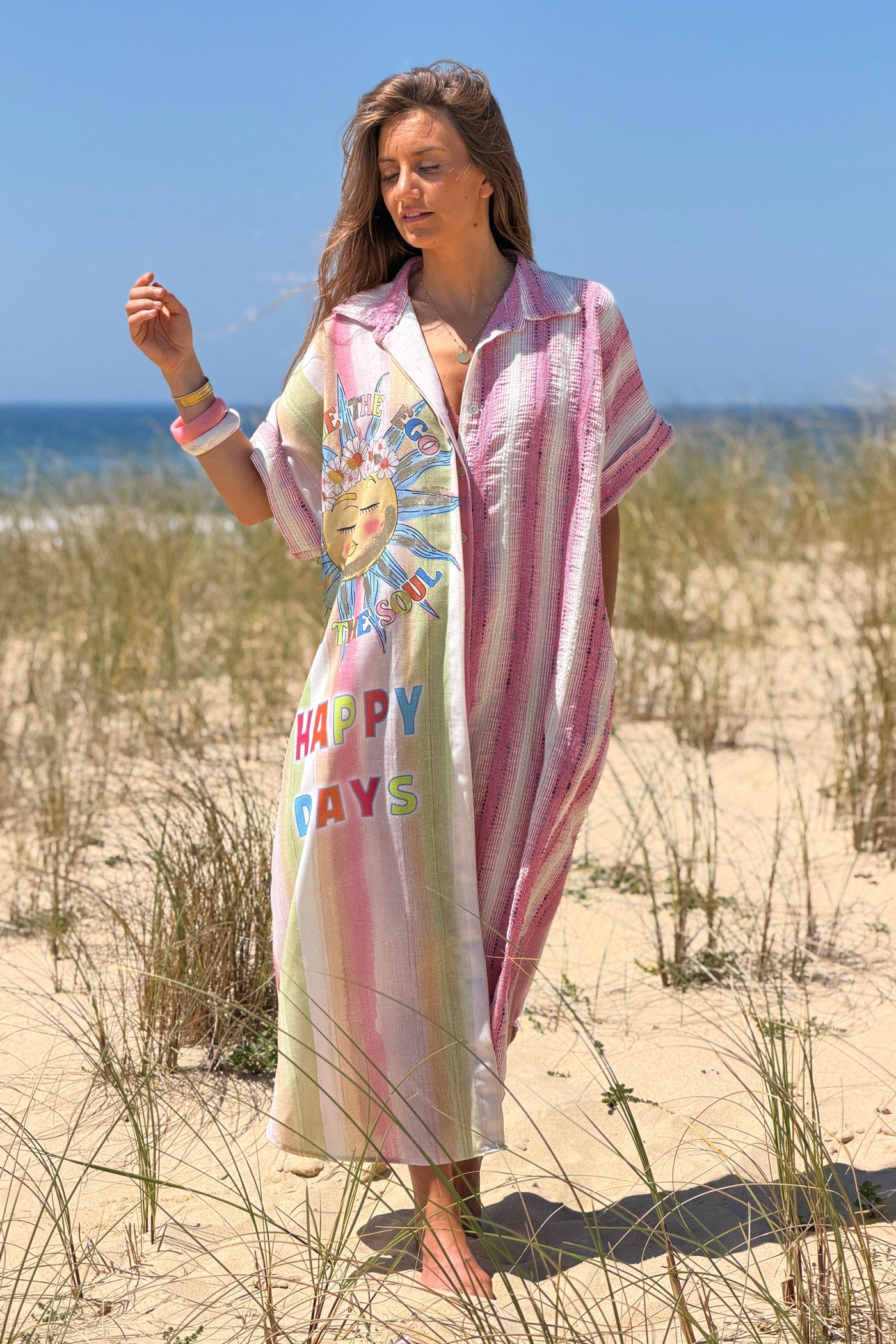 Vestido Camisa Botones Motivo Sol Happy Days Rayas Rosa Texturadas