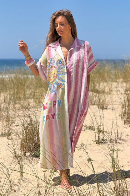 Vestido Camisa Botones Motivo Sol Happy Days Rayas Rosa Texturadas