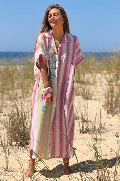 Vestido Camisa Botones Motivo Sol Happy Days Rayas Rosa Texturadas
