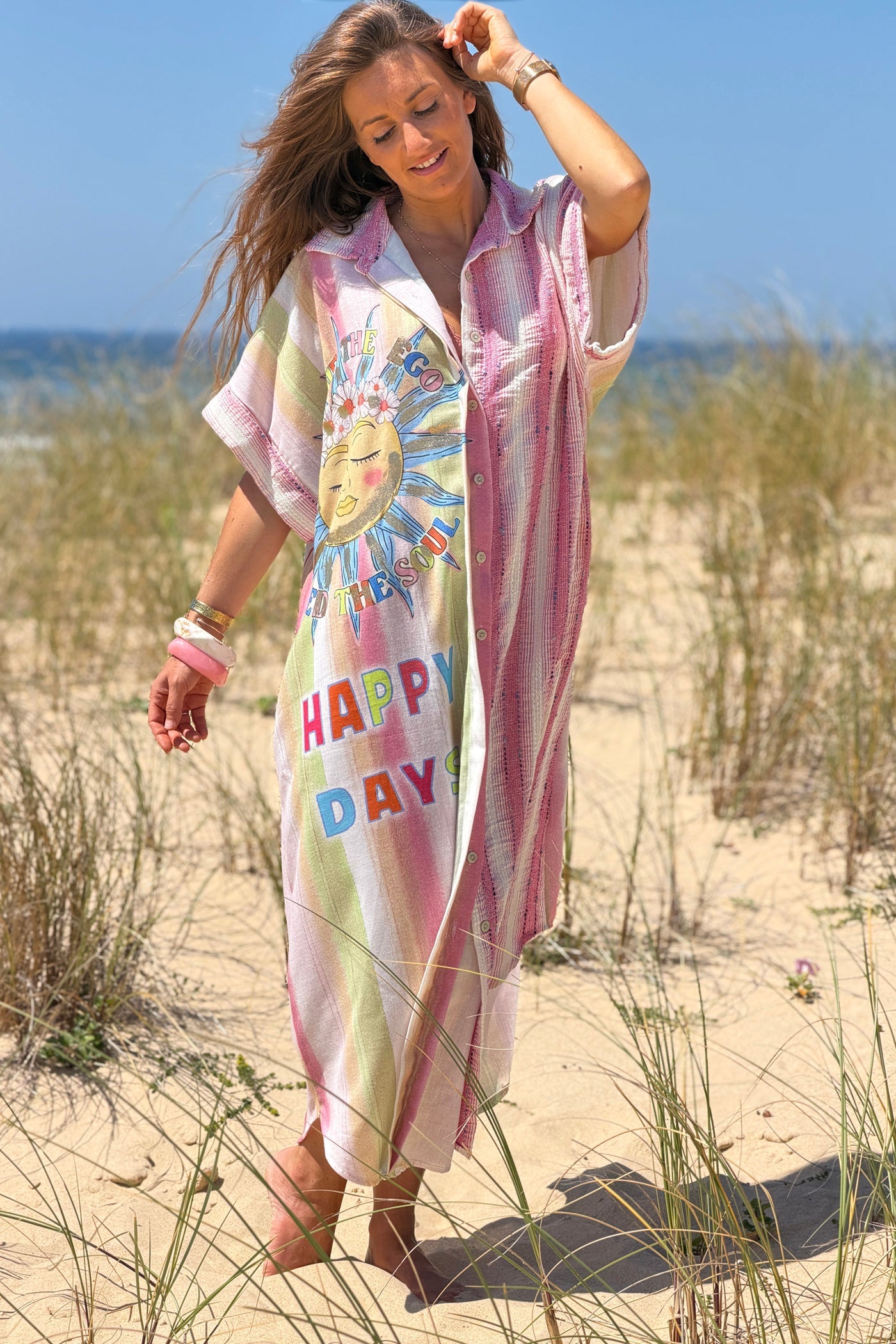 Vestido Camisa Botones Motivo Sol Happy Days Rayas Rosa Texturadas