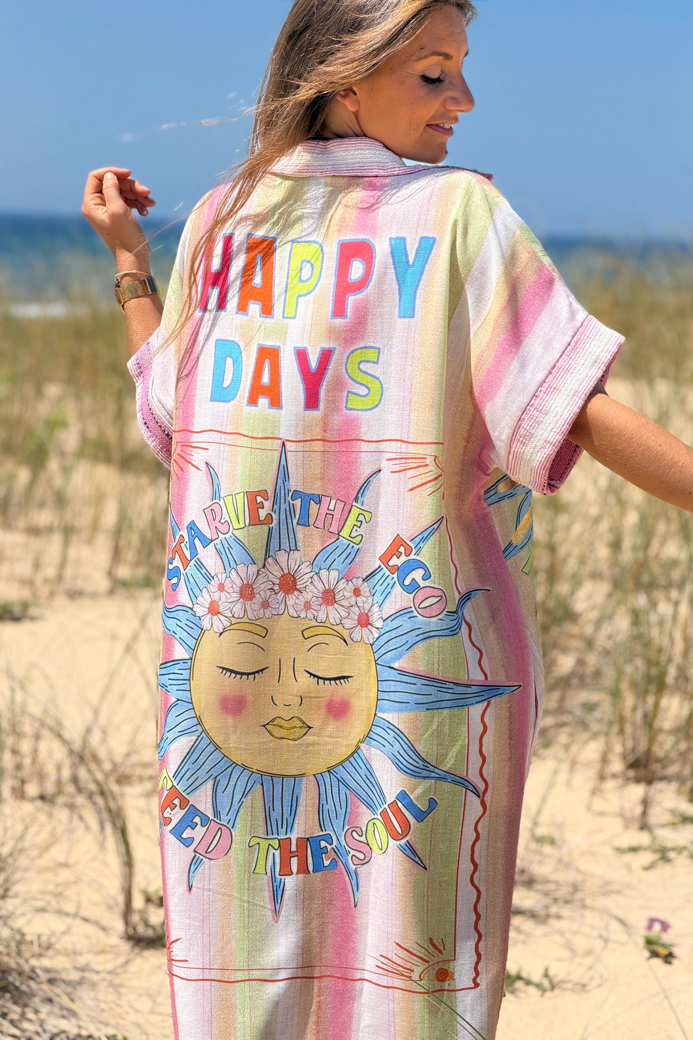 Vestido Camisa Botones Motivo Sol Happy Days Rayas Rosa Texturadas