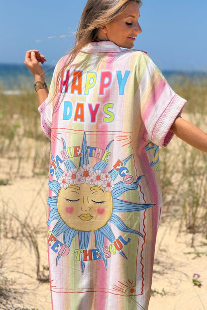 Vestido Camisa Botones Motivo Sol Happy Days Rayas Rosa Texturadas