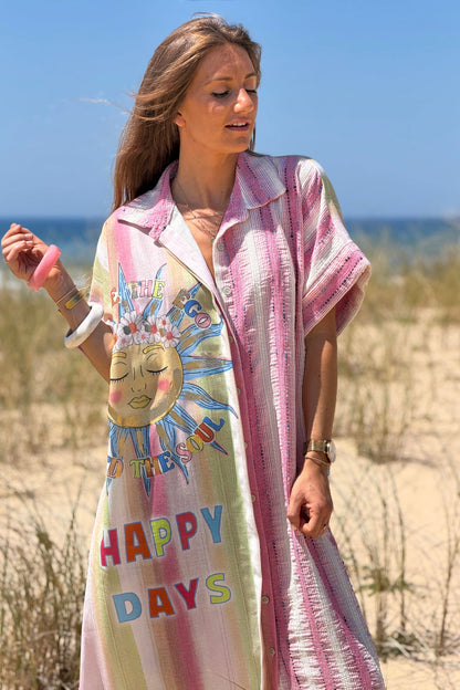 Vestido Camisa Botones Motivo Sol Happy Days Rayas Rosa Texturadas